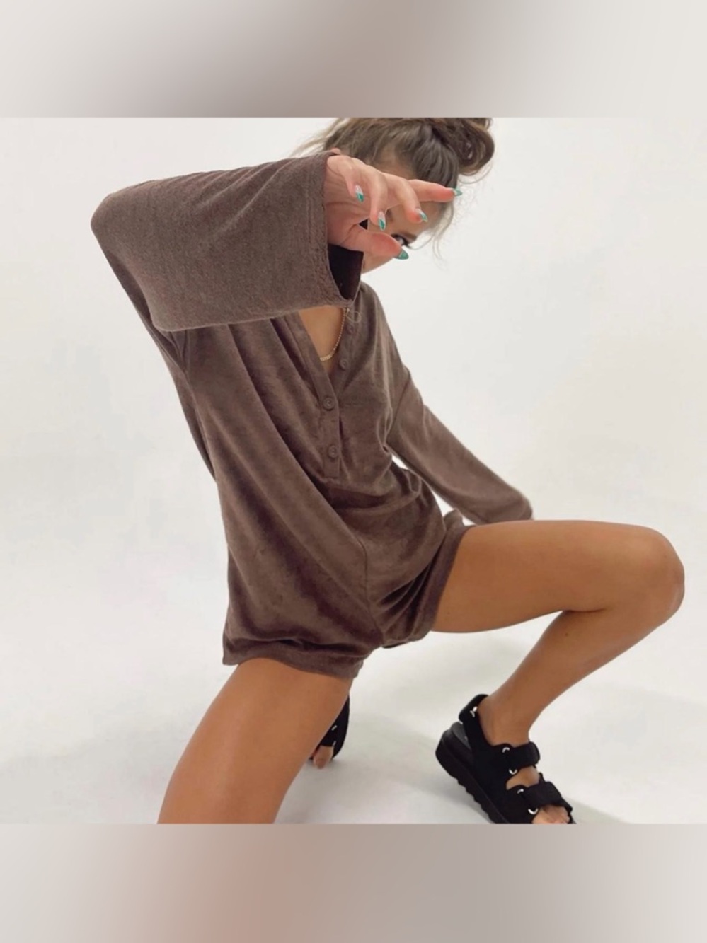 Princess Polly XS Relaxed Brown Hooded Terry Cloth Romper - Picture 5 of 12